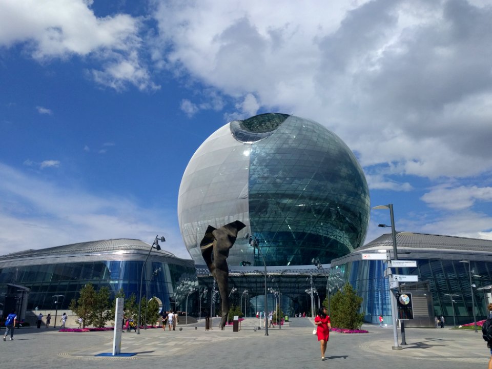 View of Sphere  and statue Expo 2017 Astana Kazakhstan
