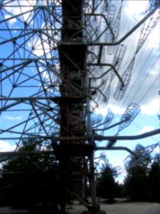 At the base Duga 3 Russian Woodpecker over the horizon radar towers Chernobyl exclusion zone Ukraine
