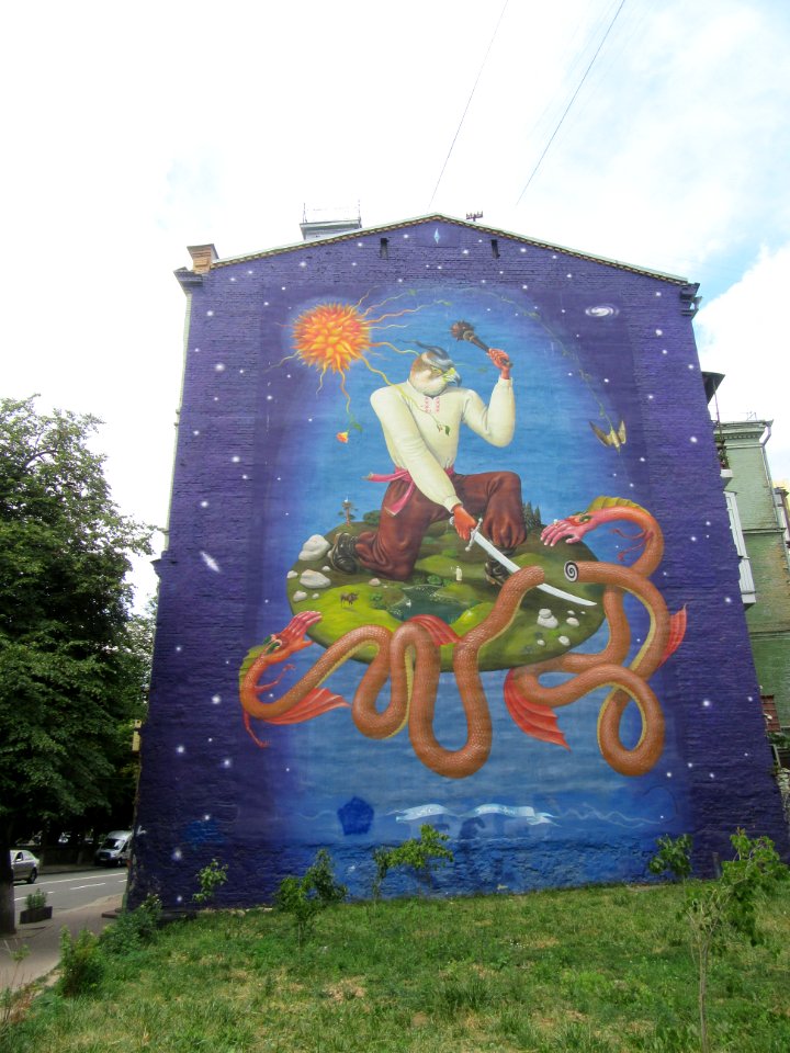 Mural of Yaroslav killing a drago Kiev Ukraine