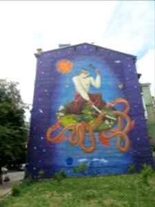 Mural of Yaroslav killing a drago Kiev Ukraine photo