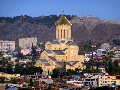 Tsminda Sameba Cathedral from across the river Tbilisi Georgia