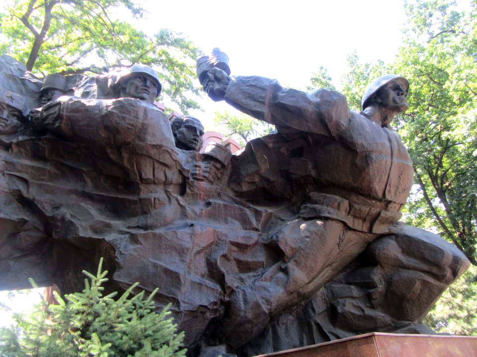 WWII Memorial Soldiers from all 15 soviet Republics coming out of map shaped memorial Almaty Kazakhstan