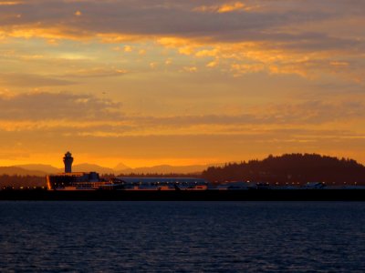 Sunrise over Portland Airport and Columbia River photo