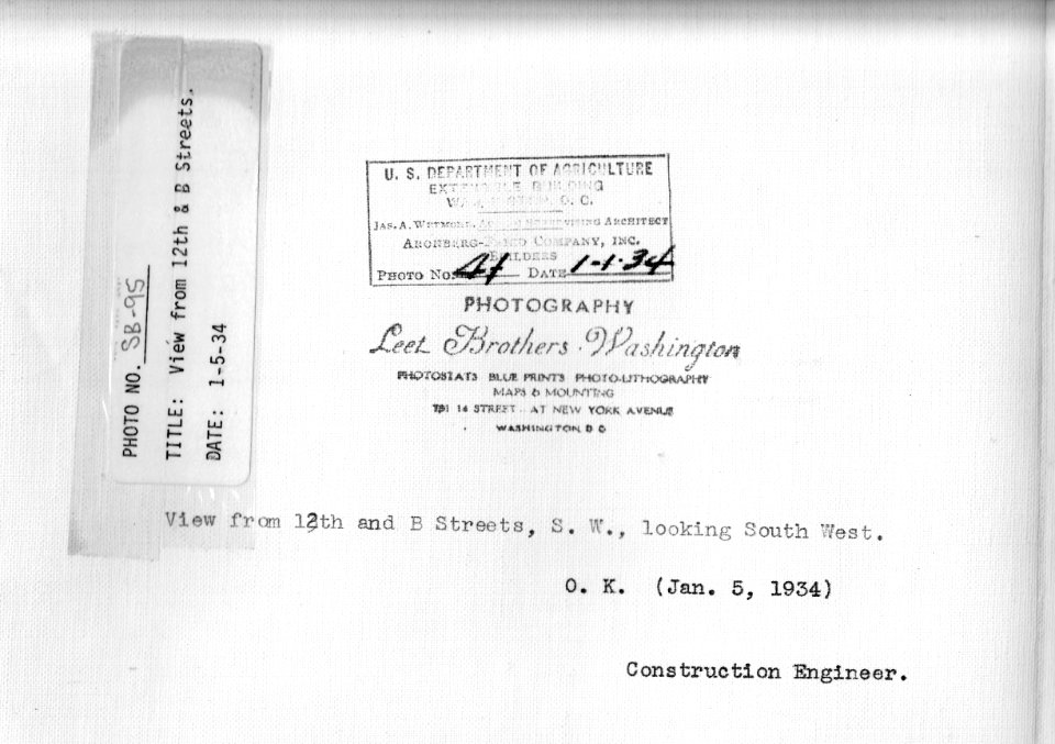 1934 (Jan 5) South Bldg, View from 12th and B Streets looking SW USDA Construction Photo Collection (2)