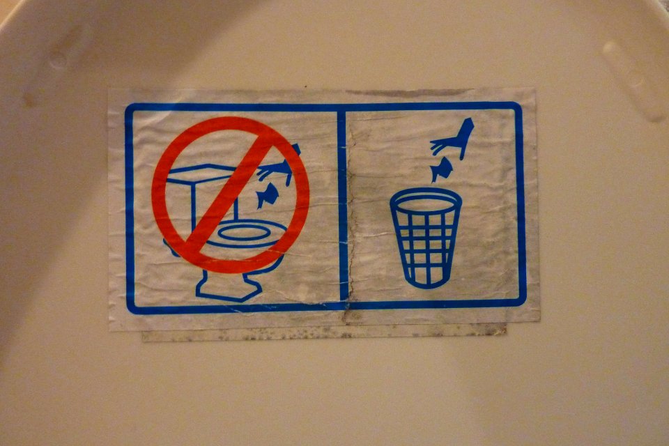...looks like you cannot throw a little blue fish into the toilet, but the waste basket is OK...