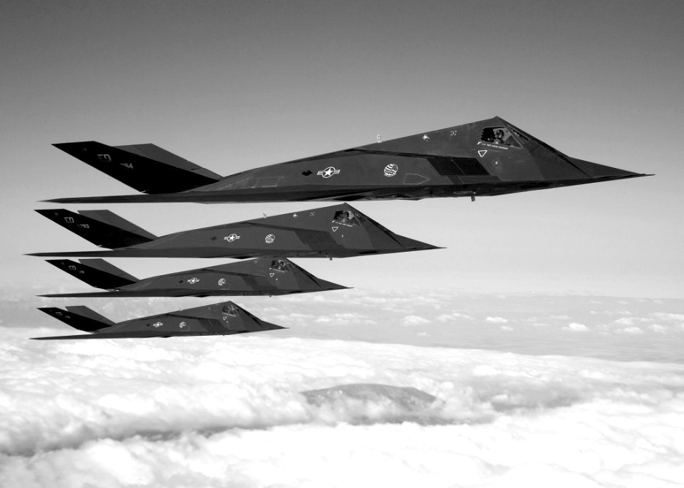 Lockheed F-117 "Nighthawks" during a sortie over the Antelope Valley.