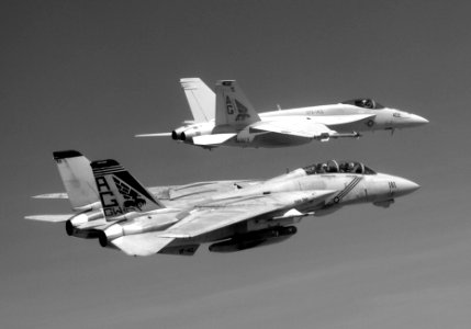 A Grumman F-14B Tomcat, assigned to the 'Pukin’ Dogs' of FS One Four Three (VF-143), and the squadron’s new aircraft, a McDonnell Douglas (now Boeing) F/A-18E Super Hornet photo