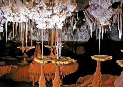 Lily pad shelfstone, stalactites, soda straws (Atlantis, Lechuguilla Cave, New Mexico, USA) photo