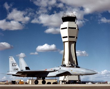 McDonnell Douglas F-15D-38-MC "Eagle" (s/n 84-0046) in front of new Edwards AFB tower.