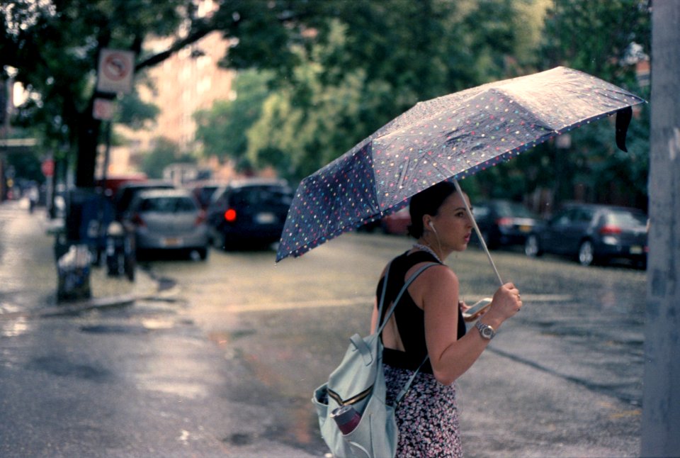NYC girl with umbrella in rain