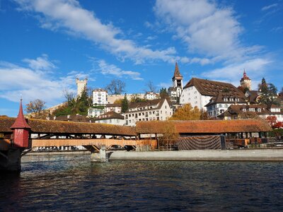 Water lake lucerne region wooden bridge