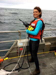 Michelle Modest Holding Underwater Hydrophone at Anacapa Island