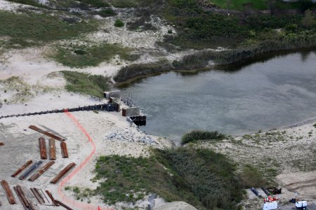 Aerial of the Wreck Pond culvert installation to connect pond and ocean - October 2016