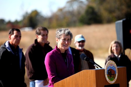 Secretary Sally Jewell speaking at Edwin B. Forsythe National Wildlife Refuge