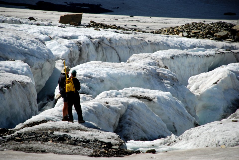Scientists measuring the terminus of Grinnell Glacier