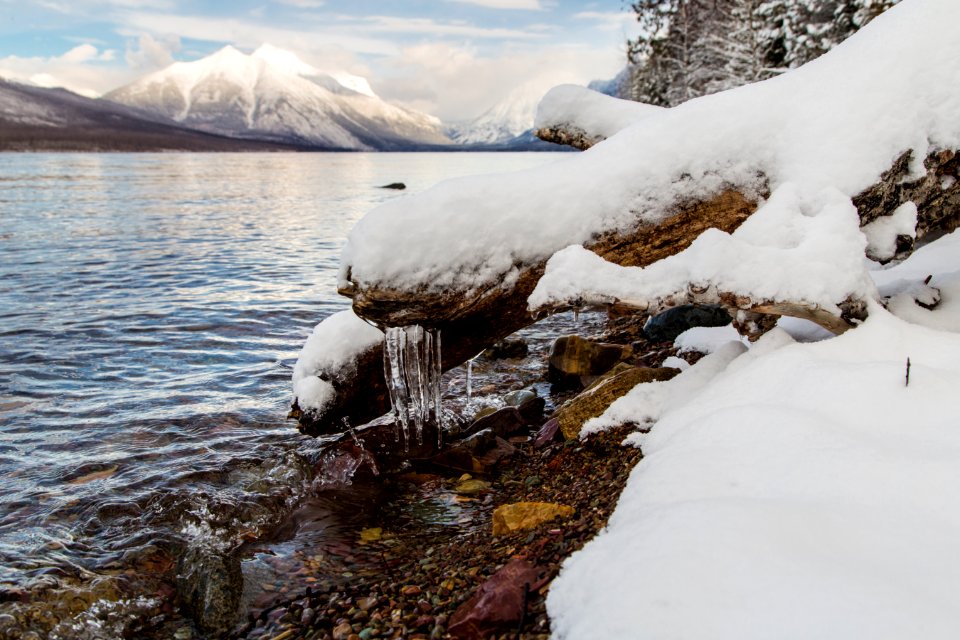 Icicles and Snowy Shore of Lake McDonald