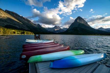 Kayaks at Swiftcurrent Lake photo