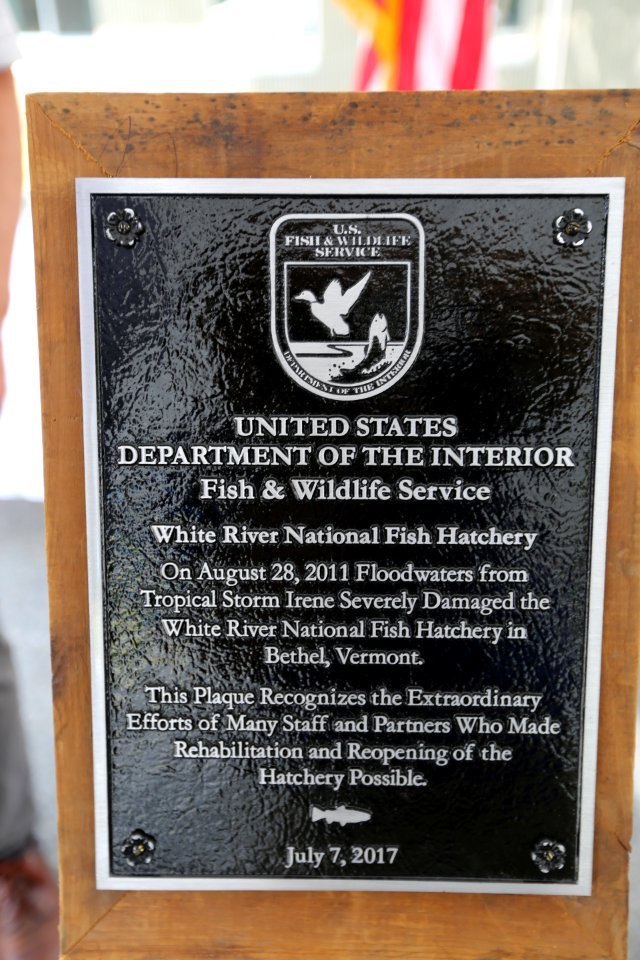 White River National Fish Hatchery plaque honoring the work of all those involved in helping restore the hatchery.
