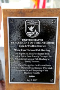 White River National Fish Hatchery plaque honoring the work of all those involved in helping restore the hatchery.