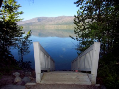 Sprague Creek Picnic Area, Lake McDonald - 2 [This staircase leads to a small beach area as the water level drops throughout the summer.] photo