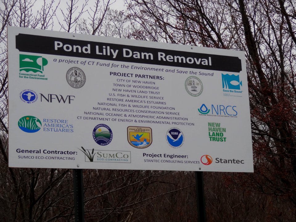 Pond Lily Dam site sign with project partners listed