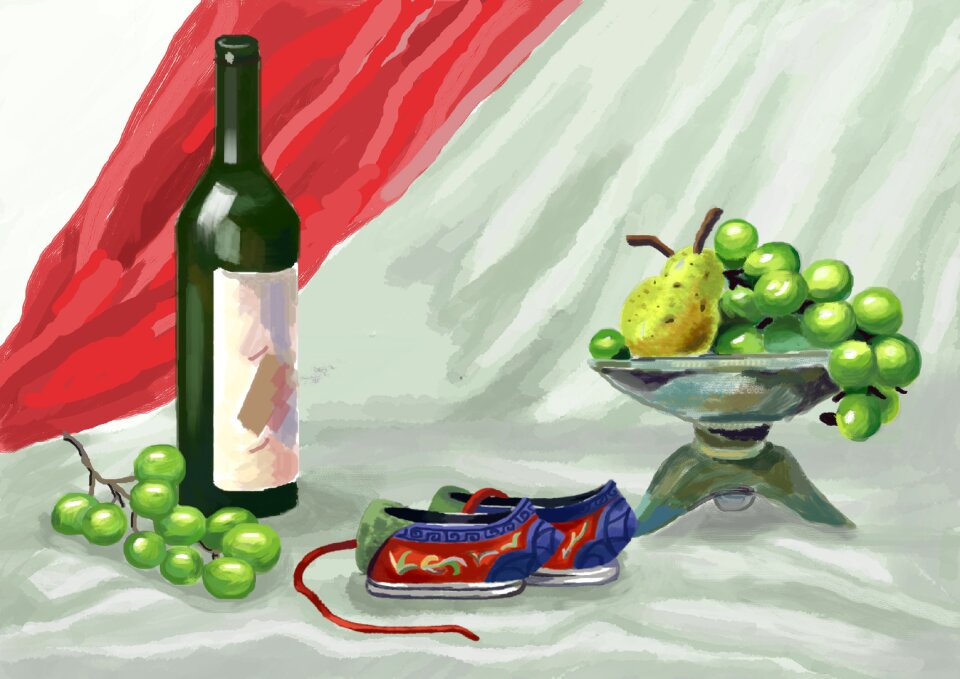 Brush painting wine bottle fruit