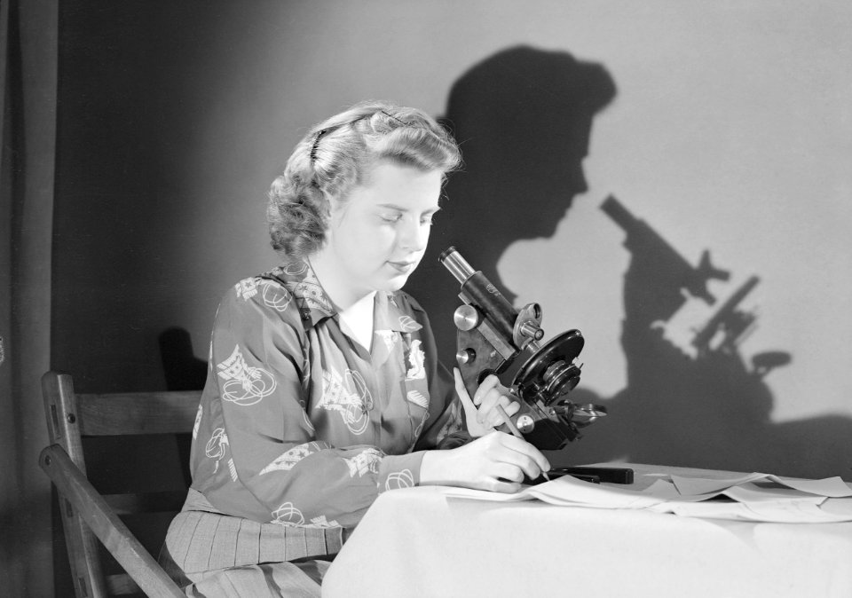 National War Finance, Shirley McKay with stethoscope [microscope], West Vancouver