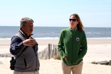 USFWS Northeast Regional Director Wendi Weber listens to David Mizrahi, vice president of research for New Jersey Audubon, at Stone Harbor Point restoration project tour (NJ)
