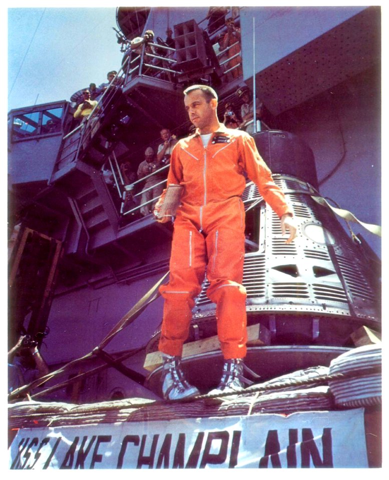 Alan Shepard on board the recovery ship USS Lake Champlain - NASA-issued lithograph