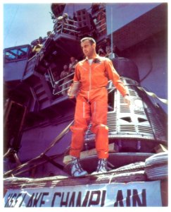 Alan Shepard on board the recovery ship USS Lake Champlain - NASA-issued lithograph
