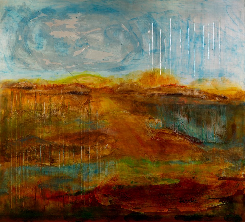 307 | Stu Searles | Primordial Landscape | Acrylic and Collage on Aluminum | 32x29