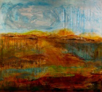 307 | Stu Searles | Primordial Landscape | Acrylic and Collage on Aluminum | 32x29