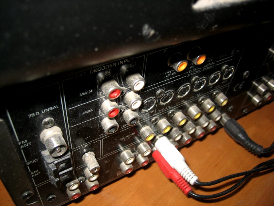 Yamaha AV Receiver/Amplifier Back Panel for RCA Jack, TOSLINK S/PDIF, Cinch, RCA and Speaker Connector Cable Plugs (Public Domain Photo)