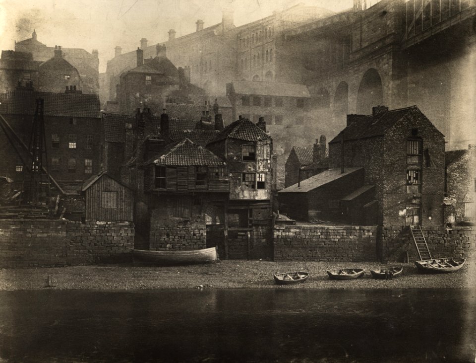 001159:Black-and-white photograph of Gateshead riverside by the High Level Bridge taken around 1879