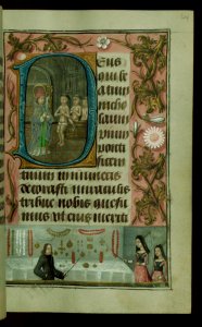 Hours of Duke Adolph of Cleves, Initial "D" with St. Nicholas; jewels displayed in margin, Walters Manuscript W.439, fol. 64r