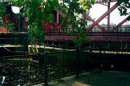 Former entrance lock to Surrey Commercial Docks with old lock gates and bascule bridge