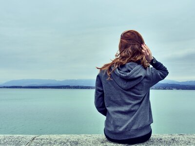 Brunette long hair hoodie photo