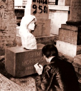 Sculptor Mladen Mikulin at the Grave of Jim Morrison in Paris