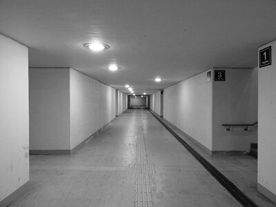 Railway underpass tunnel black and white photo