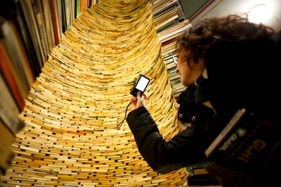 Book tower in The Prague Municipal Library at Marianske Square. Prague, Czech Republic, Western Europe. October 23, 2012.