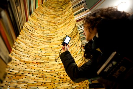 Book tower in The Prague Municipal Library at Marianske Square. Prague, Czech Republic, Western Europe. October 23, 2012.