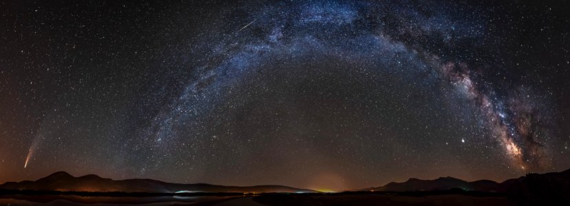 Panorama Milky-way & comet NEOWISE & meteor