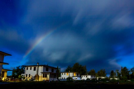 A moonbow (rainbow formed by moonlight) over Officers' Row