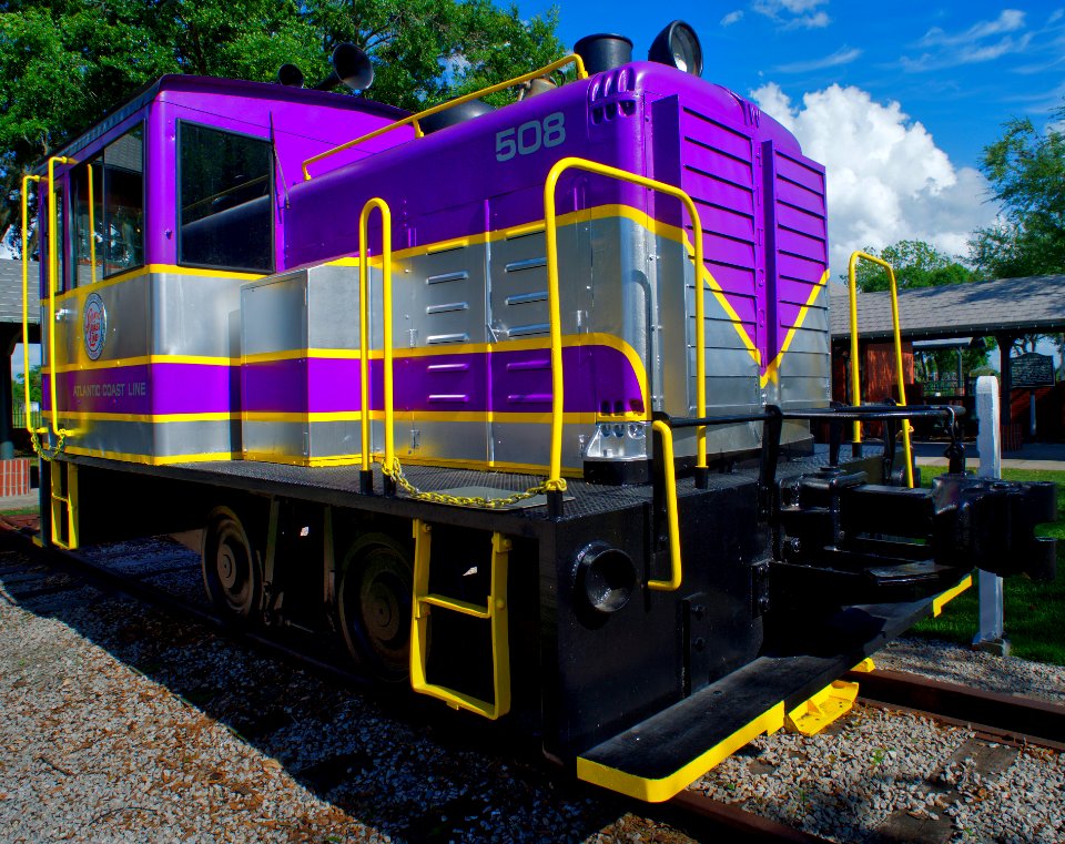 Purple and yellow train.