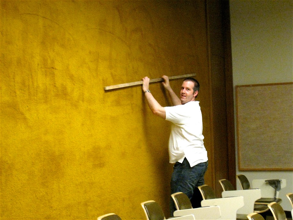 Why is He Combing the carpert on the Wall? photo