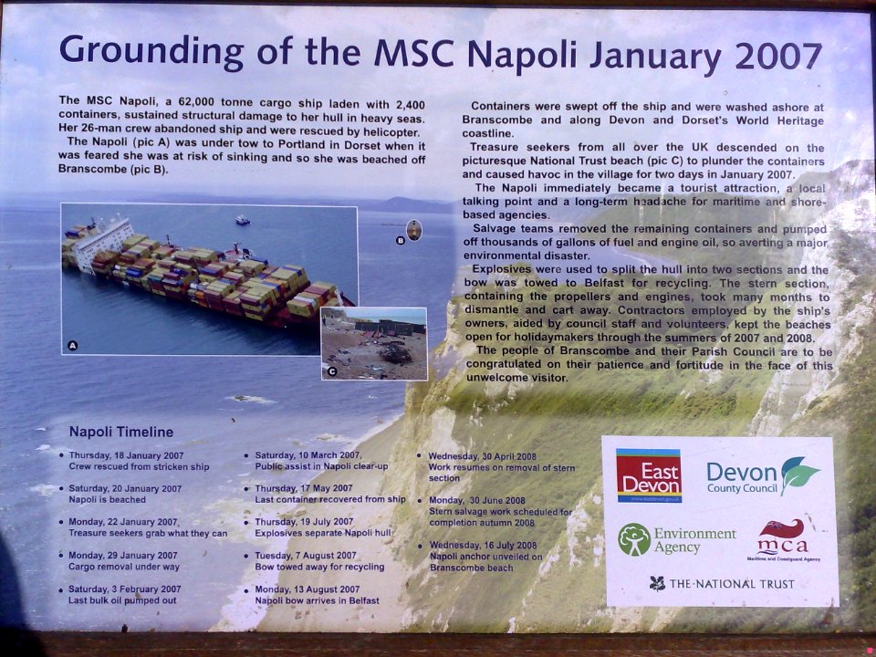 MSC NAPOLI INFORMATION SIGN - BRANSCOMBE BEACH - DEVON - UK