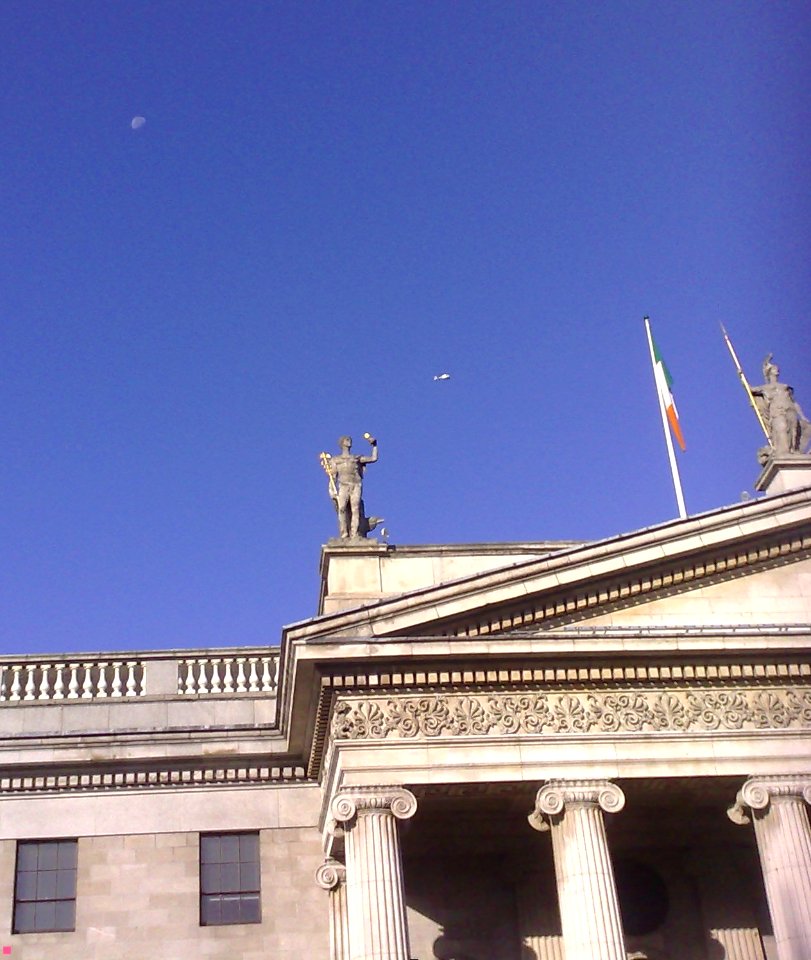 Full Moon in Daylight - Helicopter - Dublin Main Post Office Building - Spire of Dublin - Ireland