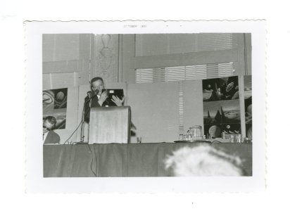 John Campbell at podium: 14th World Science Fiction Convention, 1956. Image # WSFS 006 photo