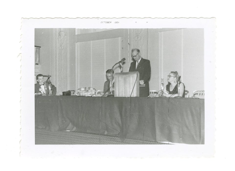 Arthur C. Clarke at the podium: 14th World Science Fiction Convention, 1956. Image # WSFS 022