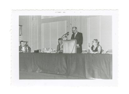 Arthur C. Clarke at the podium: 14th World Science Fiction Convention, 1956. Image # WSFS 022 photo